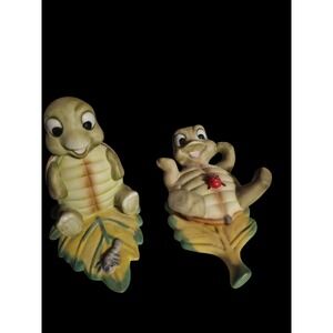 Vintage Homco Turtle Fig Pair – Ceramic Turtles on Leaves w/ Ladybug & Bug 1123